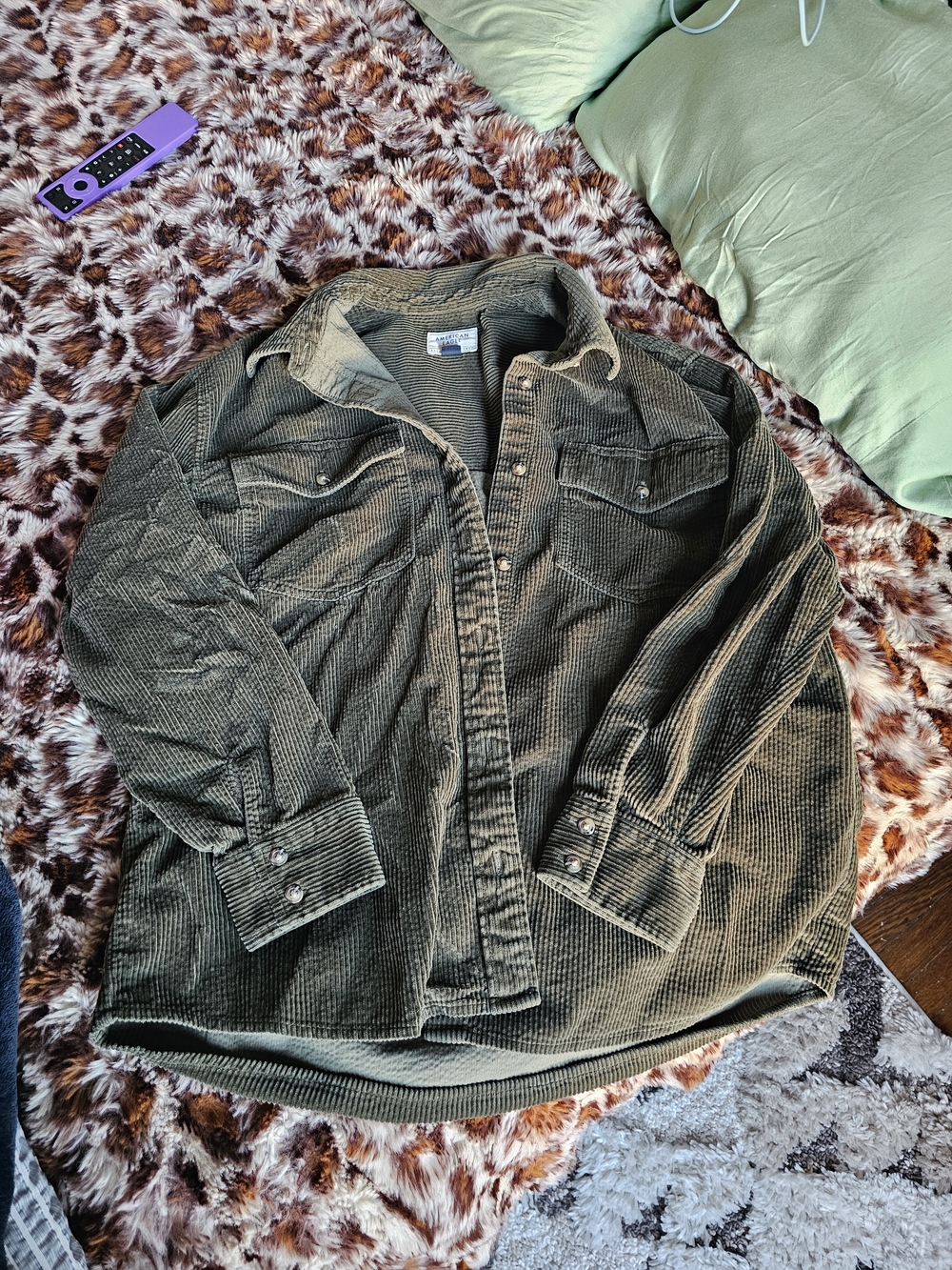 American Eagle Outfitters Olive Green Corduroy Button-Down Shirt